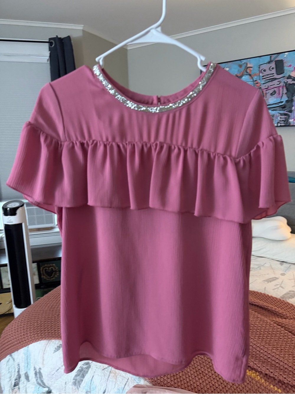 Juicy Couture Rose Pink Ruffle Short-Sleeve Blouse with Sequin Trim